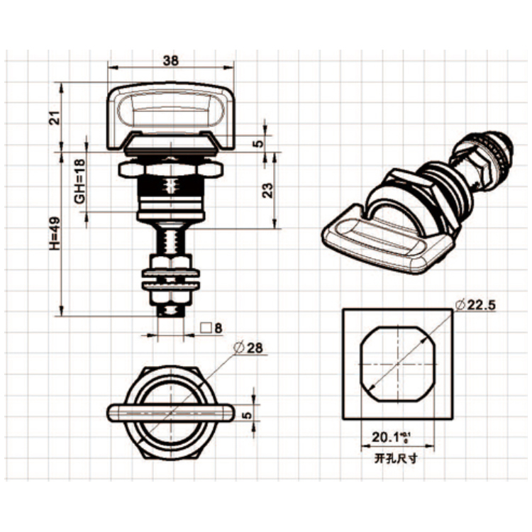 Knop Type Justerbar Cam Lock-A6308-3